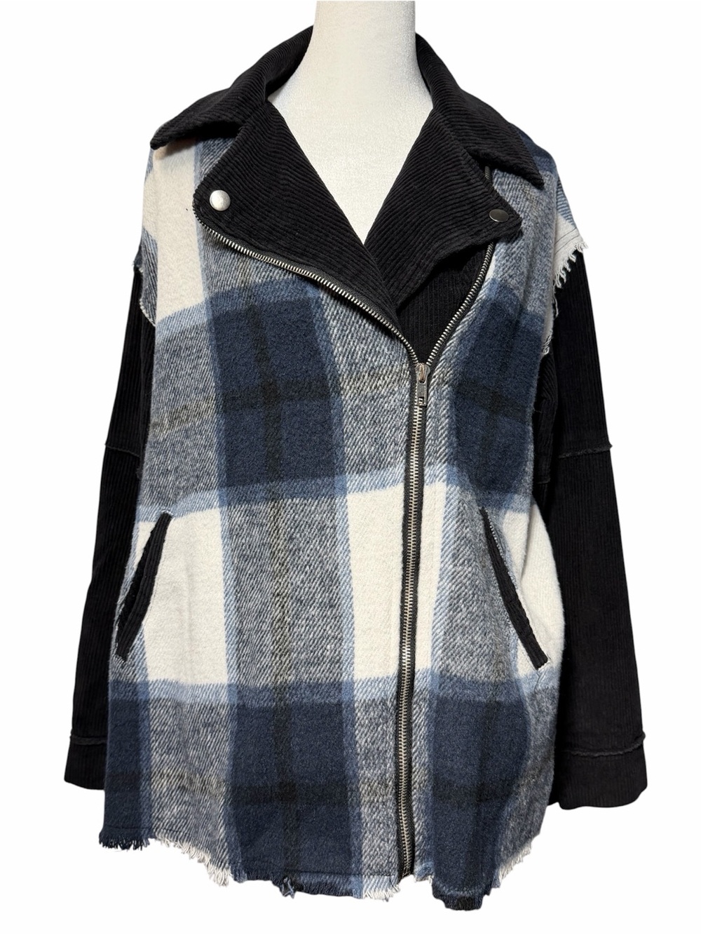 POL Mixed Media Plaid & Corduroy Moto Jacket Asymmetric Zip Distressed Grunge